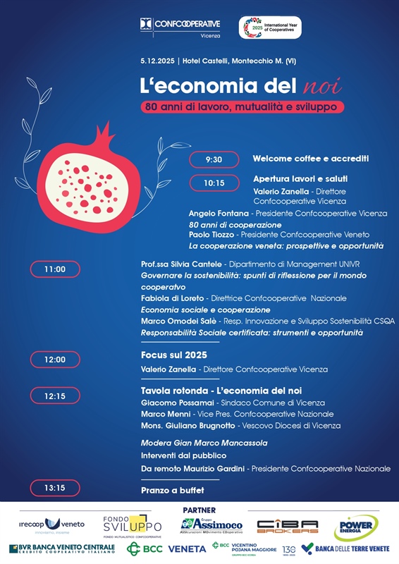 5/12/25: “L’economia del noi”: la locandina ufficiale dell’evento per gli 80 anni di Confcooperative Vicenza